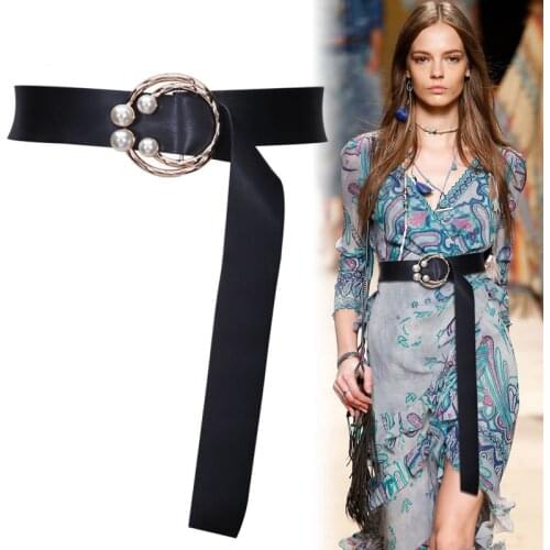 HOT Pearl Beading O-Ring Buckle long Belt Wide soft PU lesther Belts for Women Dress gold circle buckles Fashion waistband party