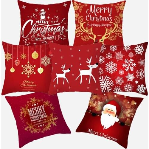 Christmas Cushion Cover 45*45 Red Merry Christmas Printed Polyester Decorative Pillows Sofa Home Decoration Pillowcase