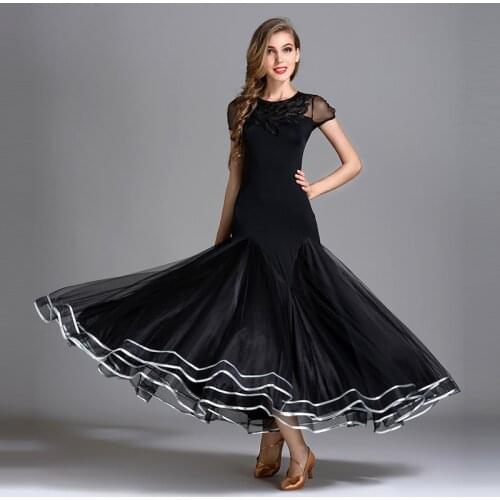 Adult short-sleeved embroidered neckline modern dance costumes women sexy lace ballroom dance dress black waltz dancing dresses