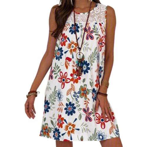 Women Lace Boho Floral Dresses Summer Vintage Loose Stitching Sleeveless Mini Dress Female Casual Beach Sundress Plus Size 2021