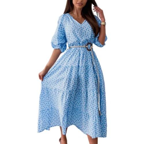 Women Dresses Summer 2021 Fashion V-neck Boho Long Chiffon Dress Loose Printed Puff Sleeve Tie Waist Mid-calf Dress for Outdoor