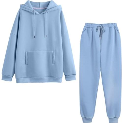 Women Tracksuits Autumn Casual Solid Plus Fleece Oversized Hoodies Two Piece Set Thick Warm Sweatshirt Suit Winter Streetwear