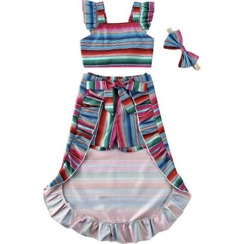 0-5Y Summer Infant Baby Girls Clothes Sets Rainbow Striped Print Sleeveless Vest Tops Shorts Skirts Dress Sets Elegant