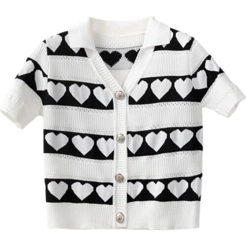 Summer Ice Silk Knitted Cardigan Tops Women Sweet Heart Turn Down Collar V-neck Short Sleeve Single-Breasted Thin Sweater