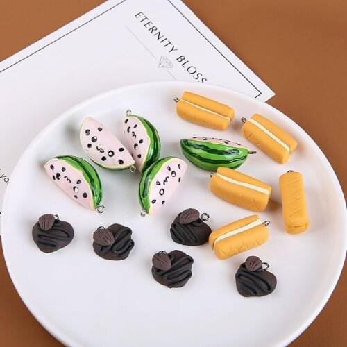 6pcs Life Fun Smiley Fruit Pendant Watermelon Soft Pottery Hot Dog Earrings Chocolate Cake Pendant Sweet DIY Earring Material