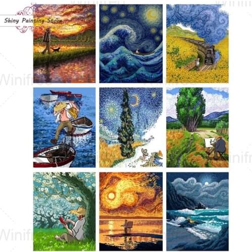 Diamond Painting Van Gogh Style Landscape Painting 5D DIY Diamond Art Mosaic Embroidery Home Room Wall Decoration Accessories