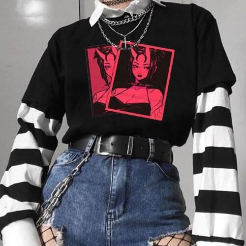 Colored Hip Hop Gothic punk demon t-shirt women 100% Cotton funny graphic street style casual grunge Fashion tee fit top tshirt