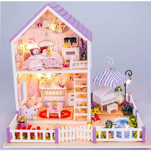 Wooden Dollhouse Miniature DIY Dolls House Villa LED Light All Furniture Kit Kids Children Pretend Play