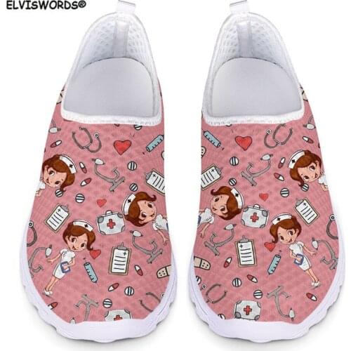 ELVISWORDS Womens Sneakers Flats Cartoon Pink Cute Nurse Prints Air Mesh Spring Summer Nursing Ladies Shoes Woman Loafers Light
