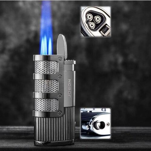 Three Nozzle Torch Jet Turbo Gas Lighter Metal Butane Windproof Spray Gun with Cigar Puncher Smoking Accessories Mens Gift