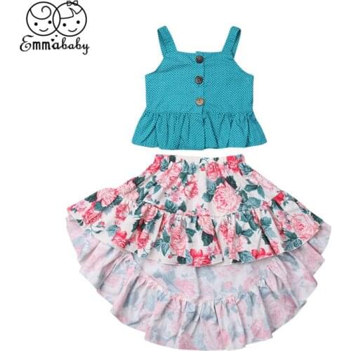 Emmababy Baby Girl Clothes Set Toddler Kid Princesss Outfit Party Wedding Children Clothing Dot Tank Top Floral Skirt 2pcs 2-7T