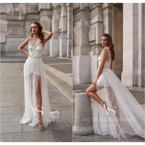 Short Wedding Dresses With Long Jacket Lace Sequins Boho Wedding Dress Plus Size A Line Robes De Mariée Bridal Wrap Side Split