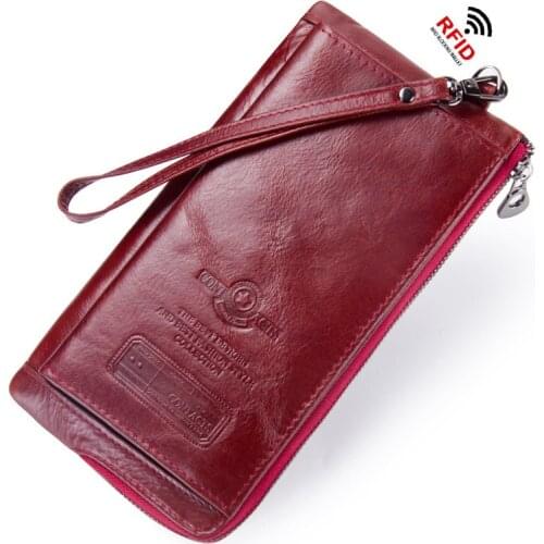 RFID Anti-theft Brushed Leather Ladies Purse Women Wallet Cowhide with Wrist Strap Female Clutch Bags Long Card Holder Wallets