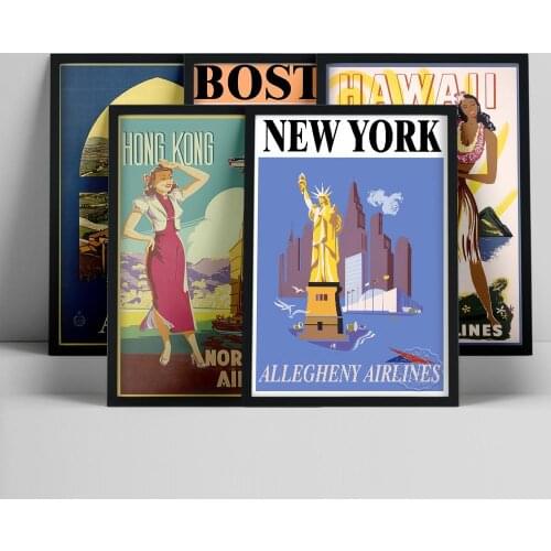 Global Travel Canvas Painting Visit Italy,Boston,Hawaii,Hong Kong,New York Classic Vintage Print Poster Wall Art Bedroom Decor