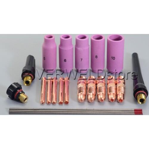 TIG KIT Alumina Nozzle Collet Bodies 2% Thoriated Tungsten Electodes Fit TIG Welding Consumables Accessories WP 17 18 26, 22PK