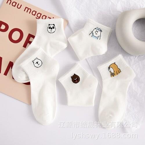 Cartoon Women Cotton Socks White Breathable Cute Bear Panda Lovely Animal Pattern Girl Sock Combed of Pure Cotton Female Socks