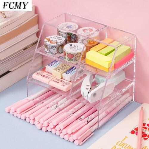 Creative Transparent Desk Organizer Storage Holder Desktop Pencil Pen Holders Badge Box Stationery Office School Student Supplie