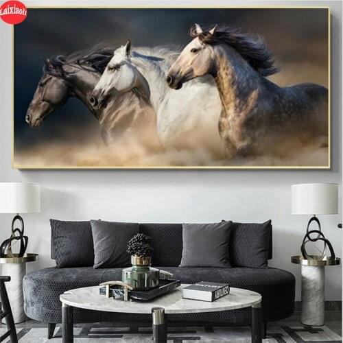 Full Square round drill Diamond painting Modern animal art Three galloping horses Diamond embroidery Cross stitch resin office