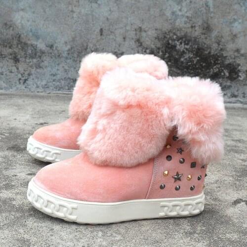 Pink Black Cow Suede Snow Boots Star Rivets Studs Mid-Calf Boots 8 cm Height Increased Heel Winter Plush Boots Woman Shoes