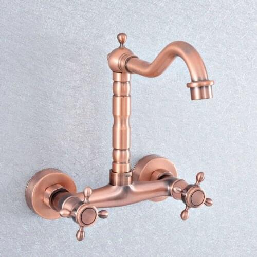 Antique Red Copper Double Cross Handle 2 Hole Kitchen Bathroom Basin Faucet Sink Cold Hot Mixer Taps Swivel Spout 360' dsf861