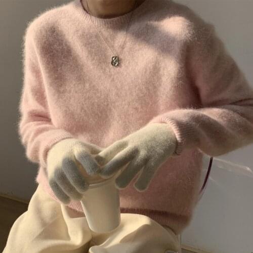 Light Pink Angora Round Neck Mink Cashmere Sweater Loose Pullover Fluffy Soft Warm Women Girl Clothes JNS308