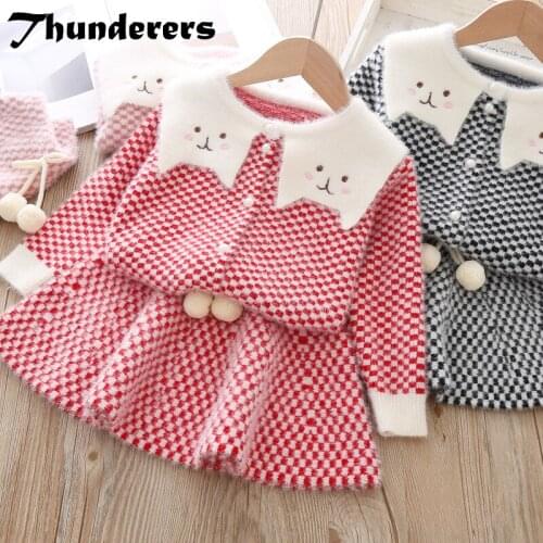 Thunderers Winter Girl 2pcs Outfits Plaid Printed Children Clothing Set Lapel Long Sleeve Sweater With Short Skirt Kids Clothes