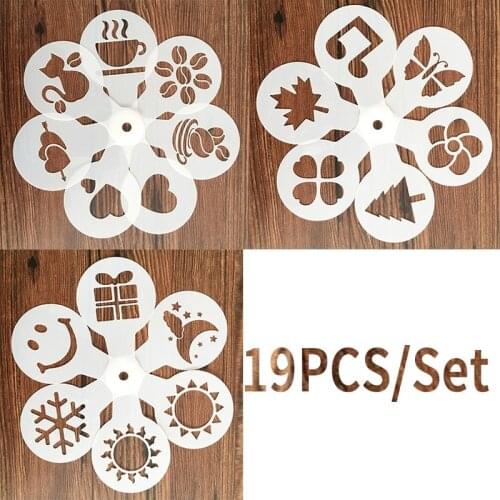 19Pcs Coffee Stencils Fancy Coffee Printing Model Foam Spray Cake Stencils Coffee Drawing Cappuccino Mold Powdered Sieve Tools