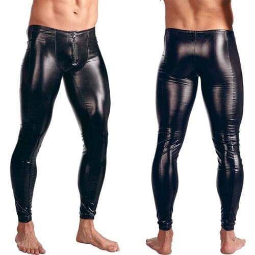 New Fashion Men Sexy Black Faux Leather Underwear Guy Male Low Waist Zipper Clubwear Jockstrap Fitness Pants Erotic Gay Lingerie