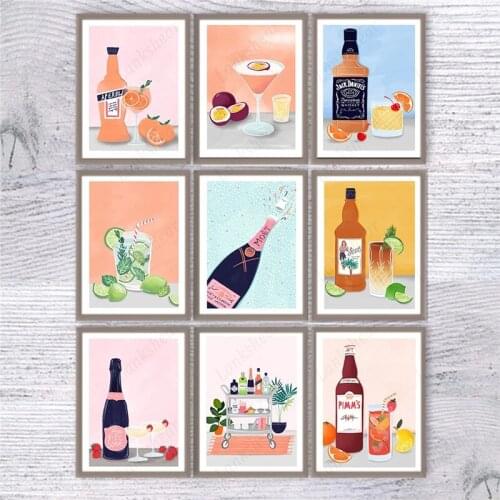 Wine Kitchen Poster Print Champagne Cocktail Drink Canvas Painting Wall Art Modular Picture for Dining Room Restaurant Bar Decor