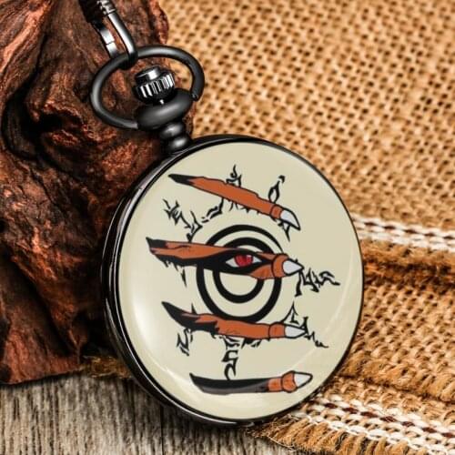 Japanese Anime Printing Pattern Retro Black Pendant Pocket Watch Quartz Arabic Numerals White Dial Antique Pocket Clock Gifts