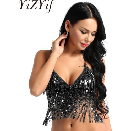 YiZYiF Halter Top Bra Sexy Party Costume Sequin Tassel Temptation Stage Performance Top Belly Dance Latin Sequin for Adult