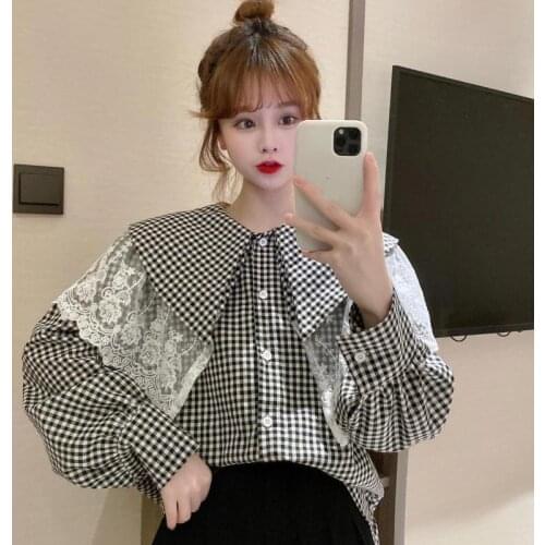Women Sweet Peter Pan Collar Lace Stitching Casual Blouse Shirts Women Puff Sleeve Plaid White Chic Tops