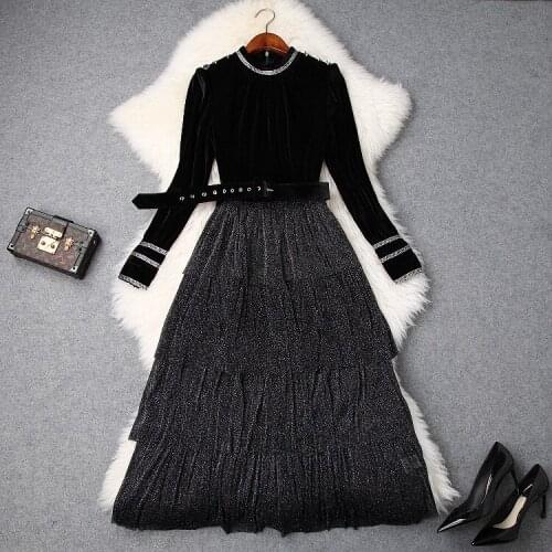 Womens European and American clothing winter new style Long sleeved velvet spliced with bright screen yarn Fashion dress