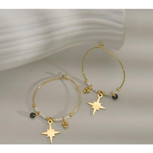 Handmade Crystal Beaded Circle Hoop Earrings For Women Stainless Steel Gold Metal Star Earrings Jewelry Wholesale