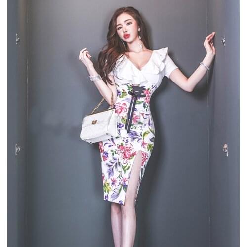 New arrival fashion print beach dress women elegant summer sexy v-neck ruffles temperament fresh print slim split party dress