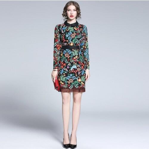 Fashion Designer Runway Summer Dress 2021 New Womens Doll Collar Long Sleeve Vintage Flower Embroidery Mesh Elegant Dress