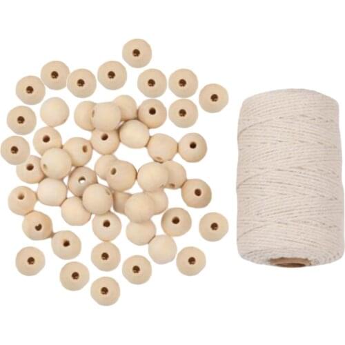 100 Unpainted Wood Beads W\/ Rope Loose Spacer Beads Jewelry Making Supplies Set