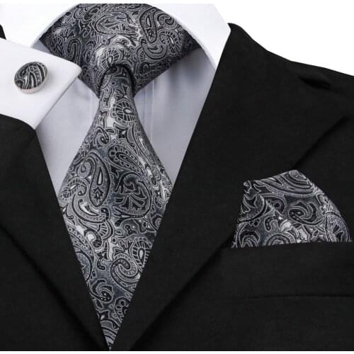 2017 Fashion Gray and Black Paisley Neckties Hanky Cufflinks 100%Silk Tie For Men gravata Formal Business Wedding Party C-209