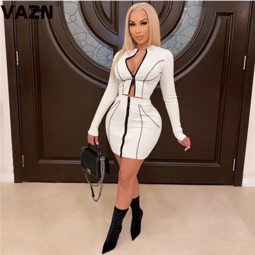 VAZN 2020 New Arrival Elegant Sexy Little Chap Solid Soft Full Sleeve Top High Waist Mini Skirts Slim Women 2 Piece Set