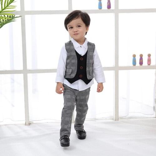 2021 Houndstooth Toddler Fall Clothes for Babies British Wind Vest Set 3 Pieces for Boy Kids(shirt+trousers+vest)