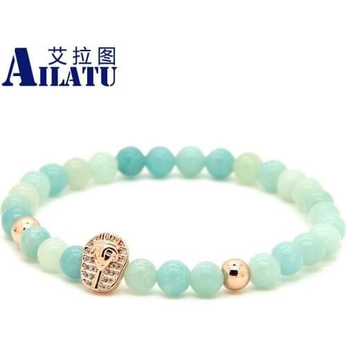 Ailatu New Arrival 6mm Amazon Stone Beads Men and Girls Summer Jewelry Tutankhamun CZ Beads Pharaon Bracelet Pulseira Hombres