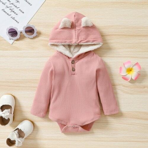0-24M Newborn Baby Fleece-lined Romper Solid Color Cartoon Ears Long Sleeve Hooded Bodysuit Autumn Winter Warm Casual Rompers