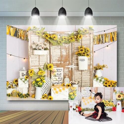 Kids Sunshine Flower Backdrop Wood Door Theme Props Child Baby Wall Decoration Cake Smash Vinyl Background Photo Studio