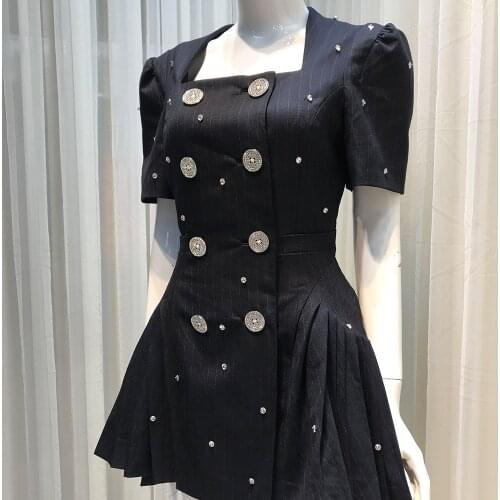 Elegant Fashion Diamond Women Dresses Black Color Formal Style Slim Square Neck Short Sleeve Suit DressVestido Clothing