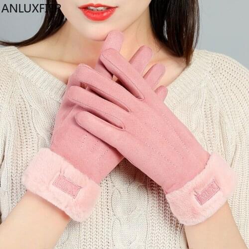 H10075 Women Winter Gloves Autumn Plush Warm Thermal Suede Mittens Cycling Driving Touch Screen Simple Elegant Female Hand Muff