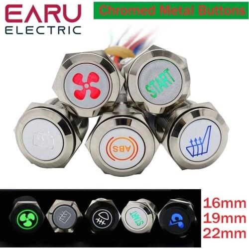 16/19/22mm Chromed Metal Push Button Switch LED Light DIY Logo Symbol Icon Signal Customization Waterproof Car Power Switch 12V