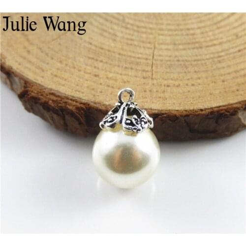 Julie Wang 18PCS Alloy+12mm Milky Pearl Charm For Women Bracelet Pendants Findings Jewelry Making Necklace Accessory