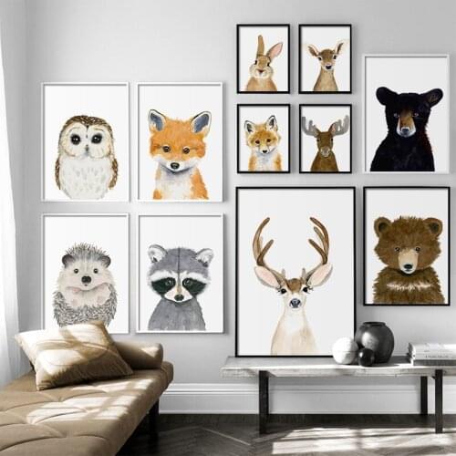 Nursery Wall Art Watercolor Baby Animal Poster Deer Rabbit Fox Owl Print Canvas Painting Nordic Picture for Kids Room Home Decor