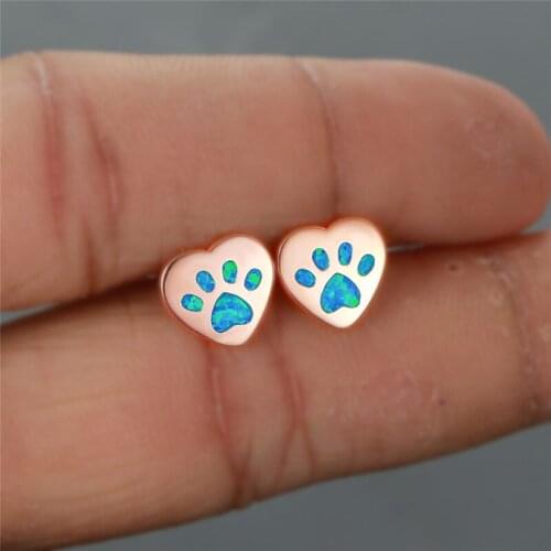 Cute Cat Paw Dog Claw Stud Earrings Blue White Opal Stone Small Heart Earrings Rose Gold Silver Color Wedding Earrings For Women