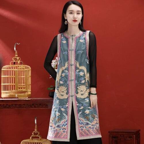 Spring New Women Retro Embroidery Silk Chinese Style O-Neck Sleeveless Single-Breasted Lady A-Line Vest M-3XL